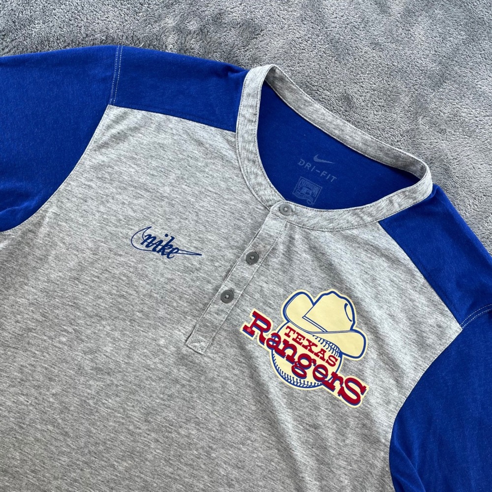 Texas Rangers Nike Cooperstown Collection Dri-FIT Henley Shirt Grey Blue Mens S